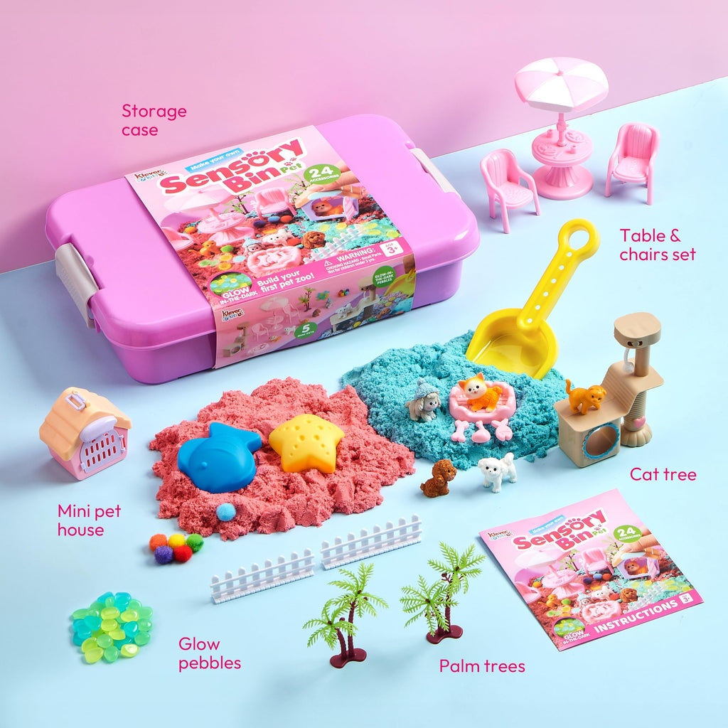 JOVA Klever Kits Construction Sensory Bin for Kids with Glow in The Dark Stones, Sandbox with Lid Castle Building kit, Preschool Learning Activities Gifts for Boys Girls Age 3+