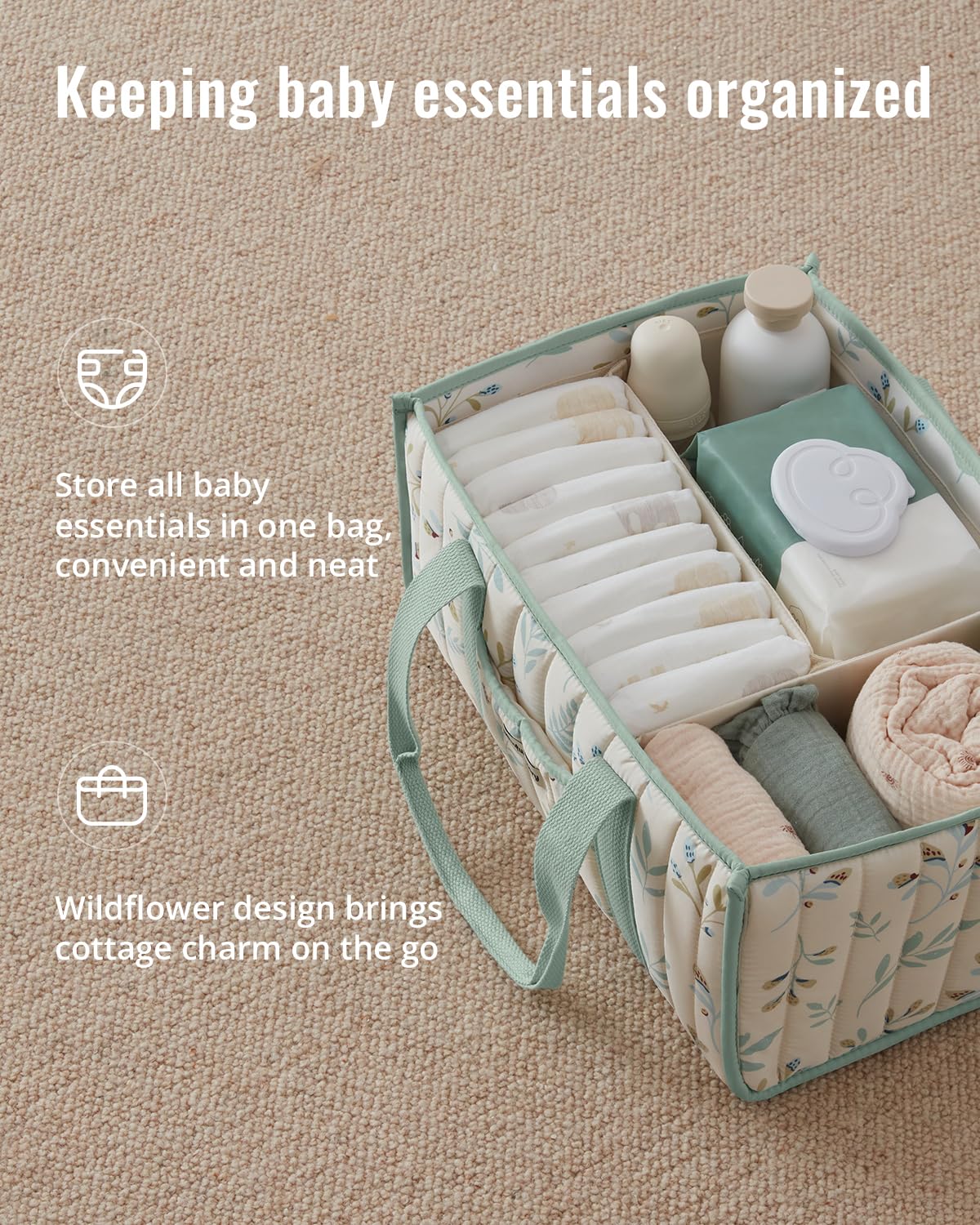Blissful Diary Nappy Caddy Organiser, Baby Diaper Caddy for Nappy Station, Stylish Storage Basket for Newborn Essentials, Baby Shower Gifts for Girl or Boy, Sage Green