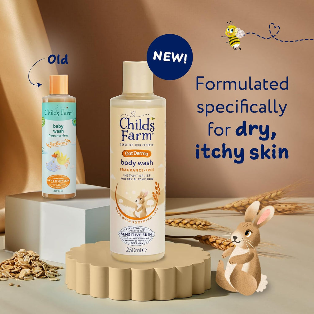 Childs Farm OatDerma Body Wash, Fragrance Free, Soothing Face Bath Shower Gel, Sensitive Skin Soap, Baby Kids, 250ml