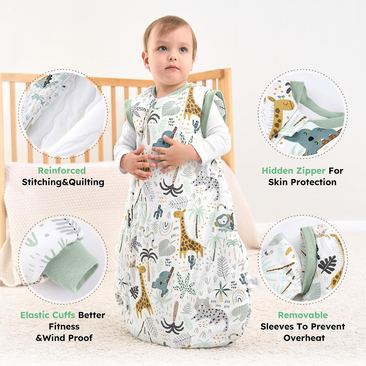 Yoofoss Baby Sleeping Bag 3.0 TOG - 6-12 Months Winter Sleeping Bag Baby with Removable Long Sleeves 100% Organic Cotton Sleep Sack Newborn Infant Toddler Giraffe