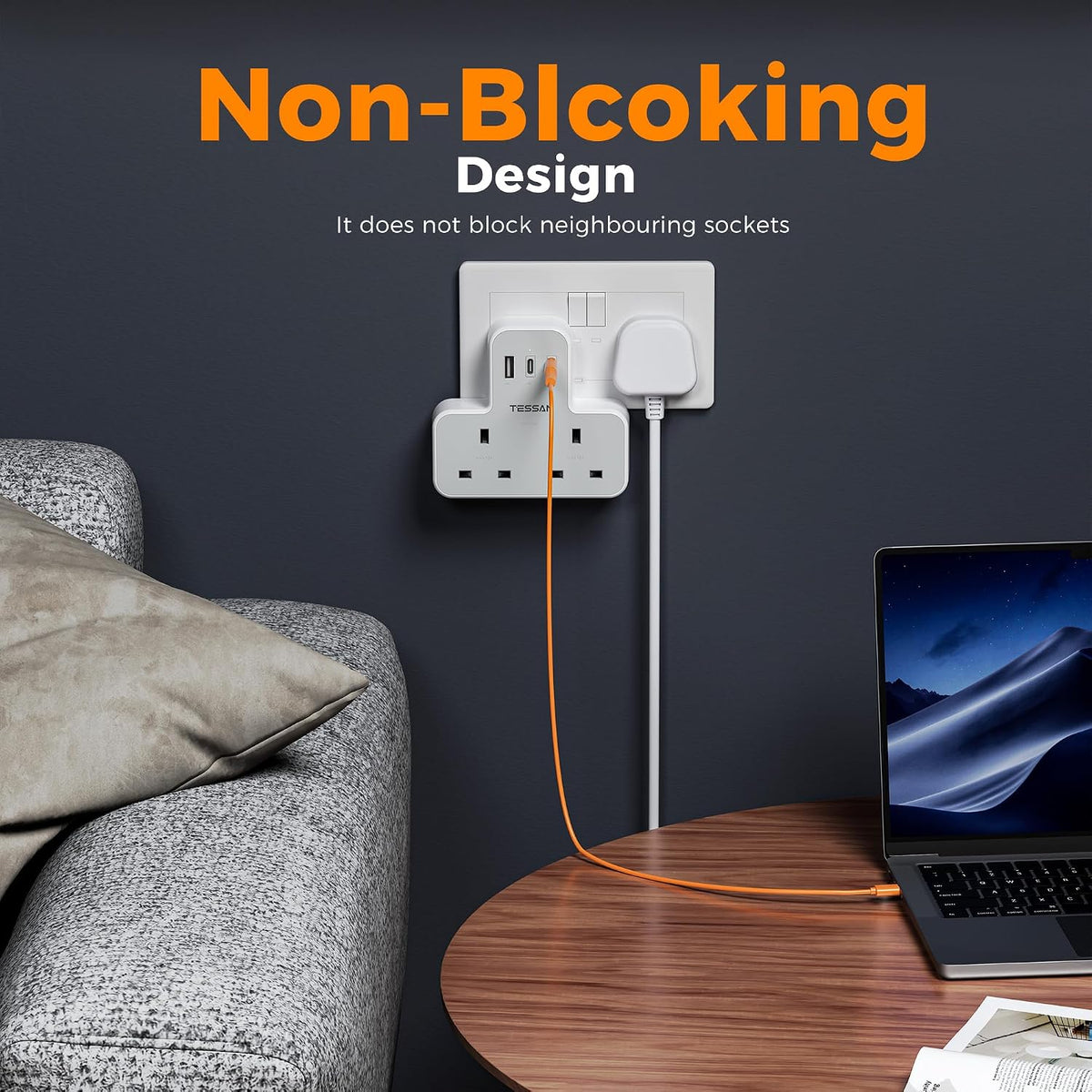 TESSAN USB Charger Plug Adapter UK (2 USB C), Double Plug Extension Socket