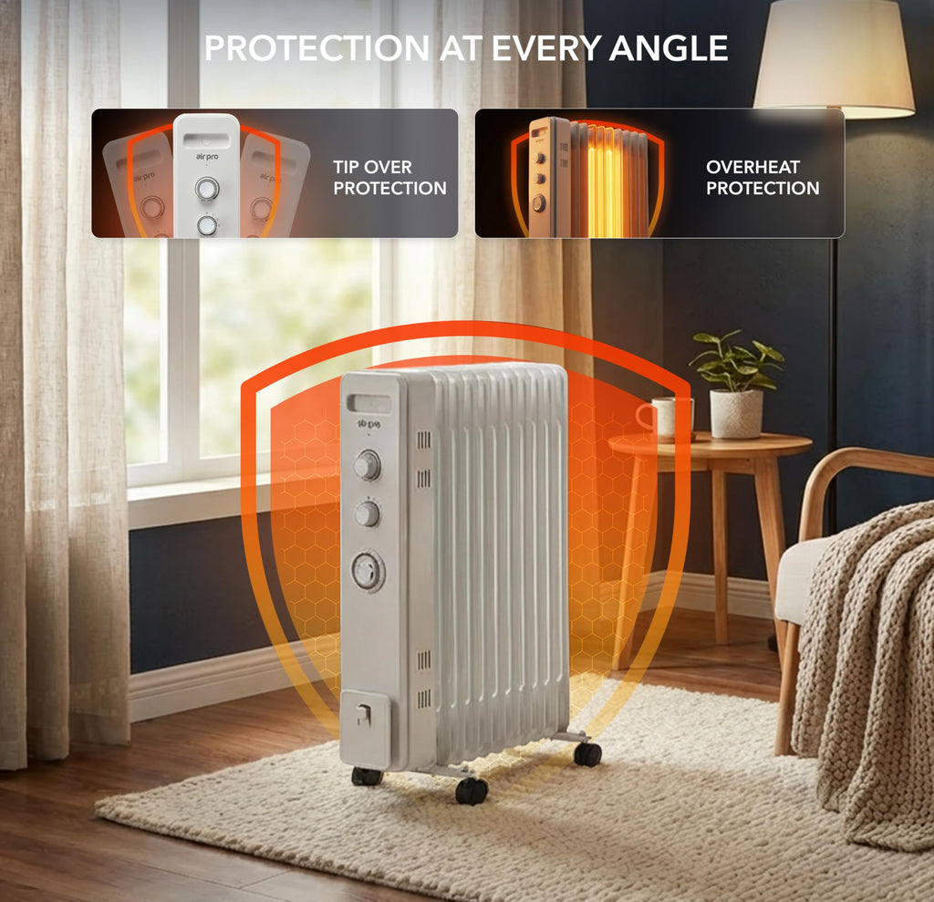 Air Pro Oil Filled Radiator 2500W with Thermostat & 24h Timer – 11 Fin Portable Electric Heater 3 Heat Settings, Overheat & Tip-Over Protection, Quiet for Home, Office and Any Room Radiator on Wheels