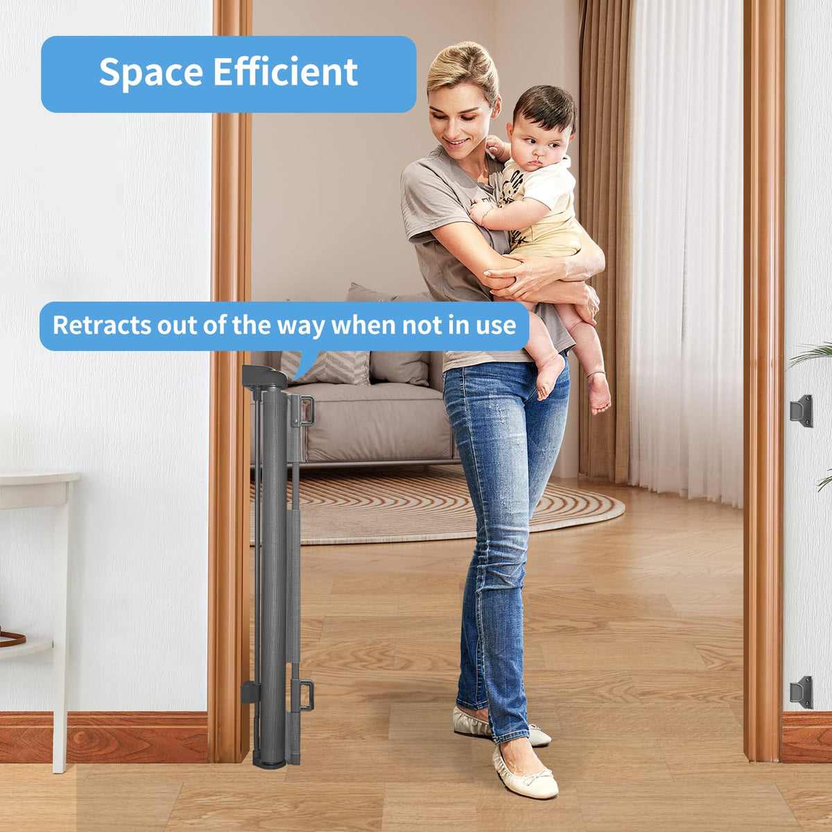 Retractable Mesh Baby & Dog Gate for Stairs, 86cm Tall x 140cm Wide, Black