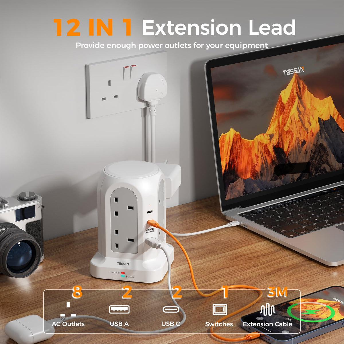 TESSAN 8 Way Black Tower Extension Lead 2M with 4 USB Slots (2 USB C)