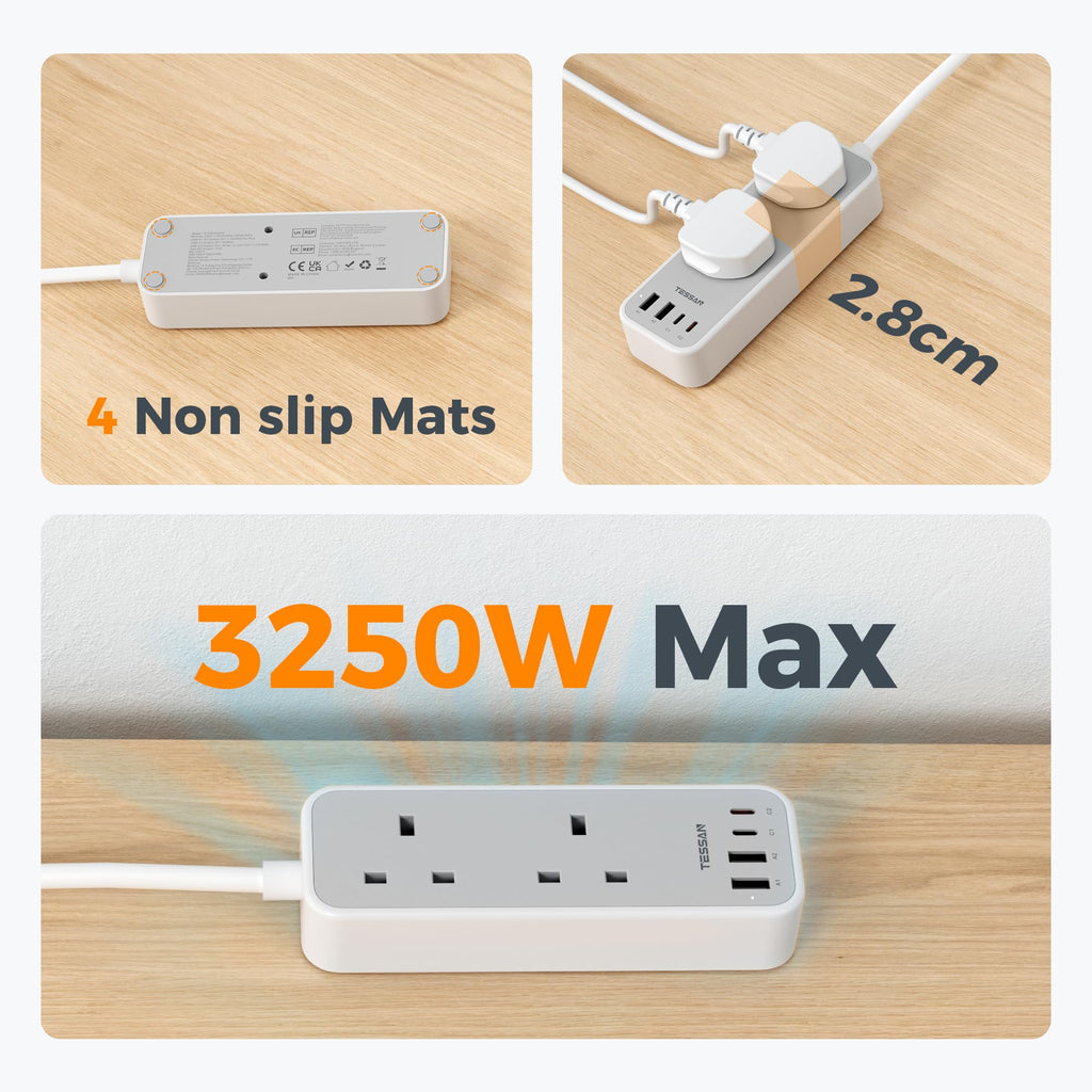 TESSAN 1.5M Extension Lead with PD 20W USB C Charger (4 USB Slots)