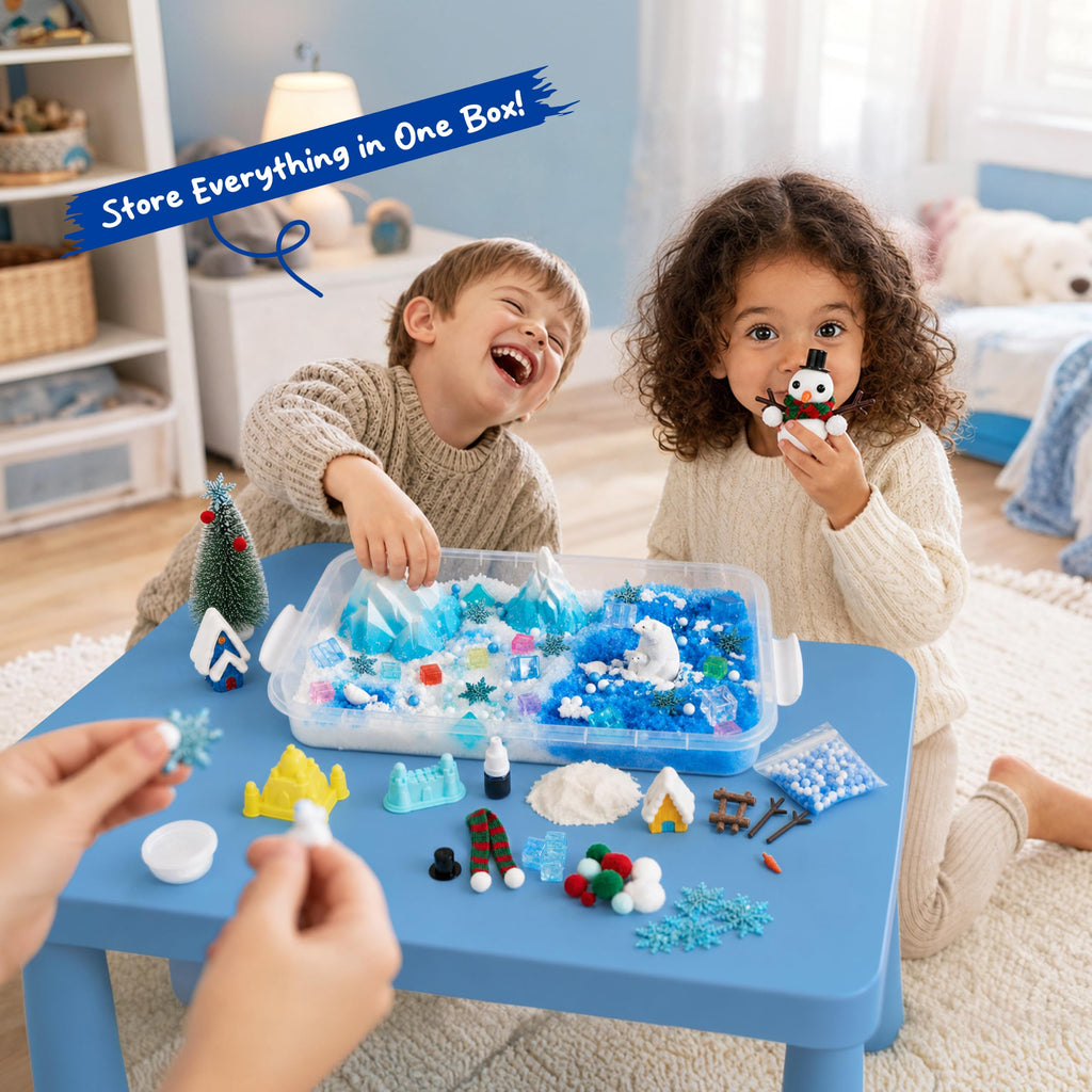 JOVA Klever Kits Construction Sensory Bin for Kids with Glow in The Dark Stones, Sandbox with Lid Castle Building kit, Preschool Learning Activities Gifts for Boys Girls Age 3+