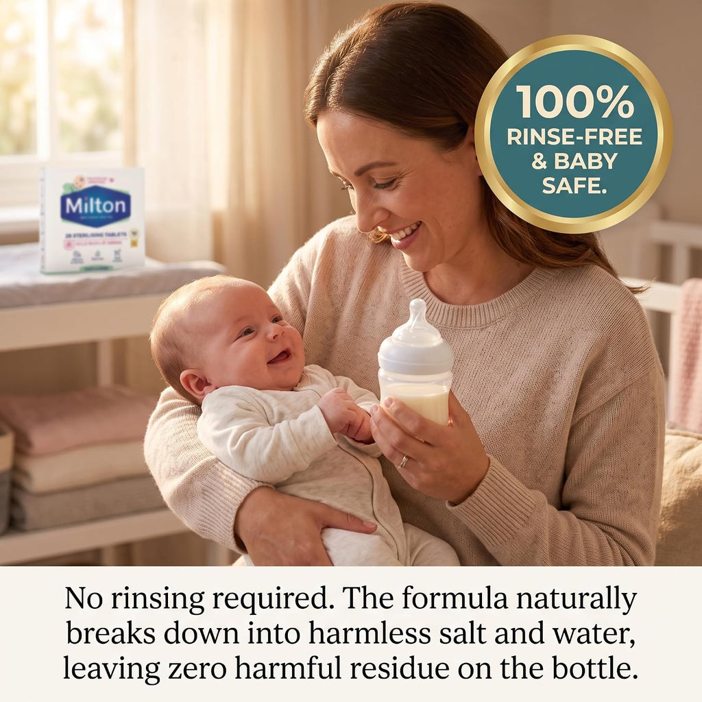 MiltonBaby Sterilising Tablets 28 Pack, Cold Water Steriliser Tablets for Baby Bottles, Teats, Breast Pump Parts and Soothers, Kills 99.9% of Germs in 15 Minutes, Rinse Free, Travel Friendly