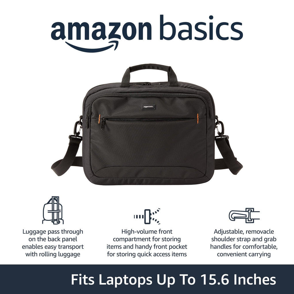 Amazon Basics Laptop Shoulder Bag, Slim 15.6 inch, Black, 1-Pack
