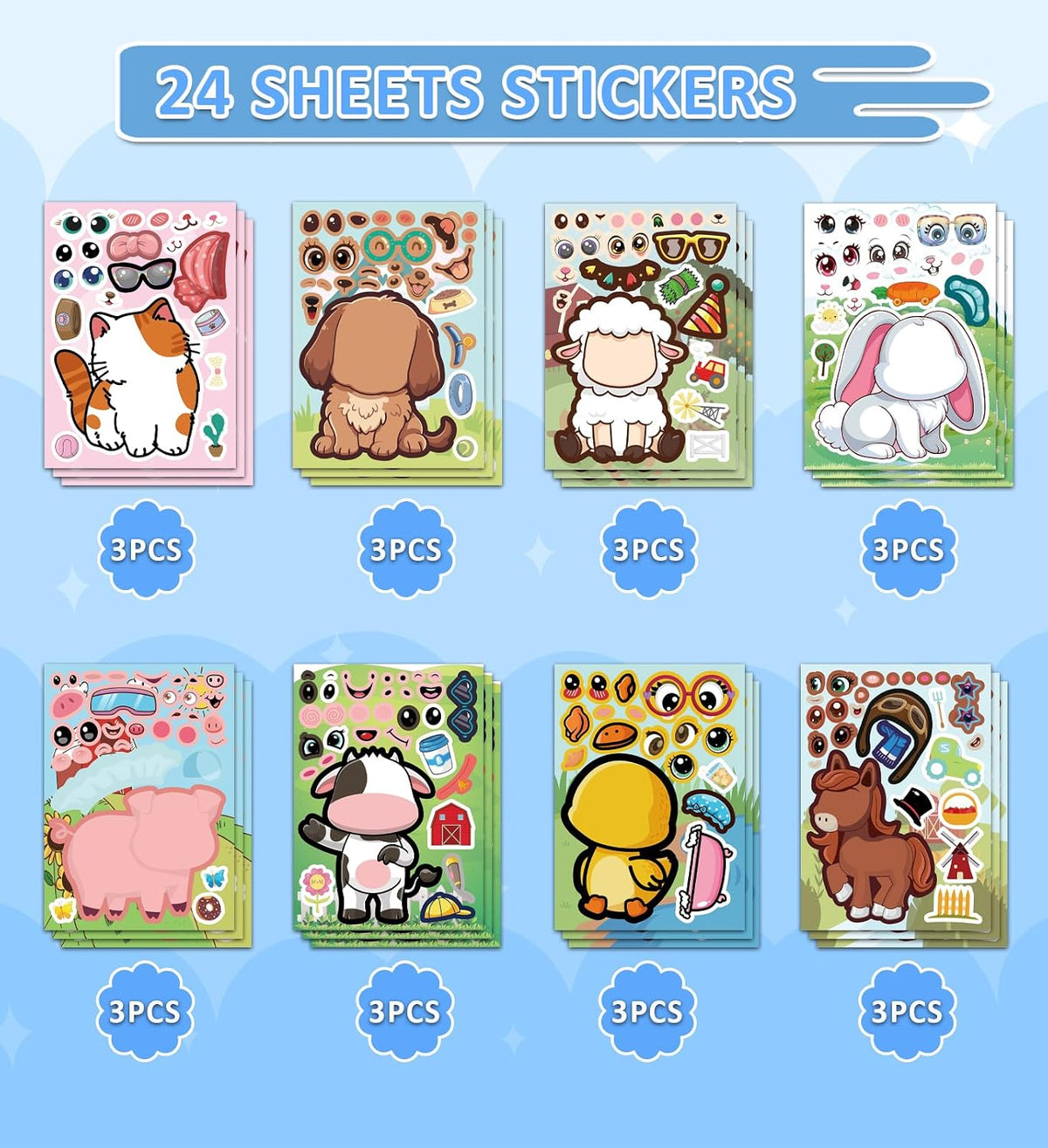 HSHFAMIIY 24 PCS Animal Face Stickers – DIY Decorative Animal Character Stickers for Crafts, Scrapbooking, Party Decorations, Gift Wrapping & Holiday Projects