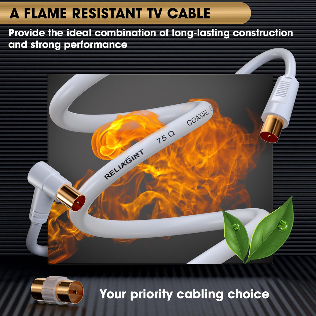 TV Aerial Cable 0.5m, 75 Ohm Coaxial Lead, IEC 9.5mm Male to Male 3C2V Pure Copper Dual Shielded, Right-Angle Connector, Female to Female Adaptor Included, Black