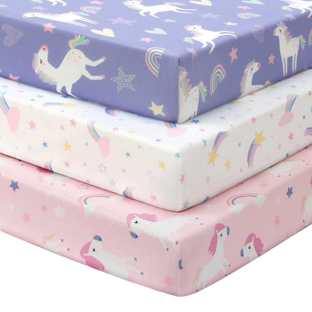 Next to Me Crib Sheets 85x51cm Fitted, 3 Pack Baby Cot Sheets, Ultral Soft & Silky Smooth Microfiber Bedside Crib Fitted Sheets Pink Rainbow