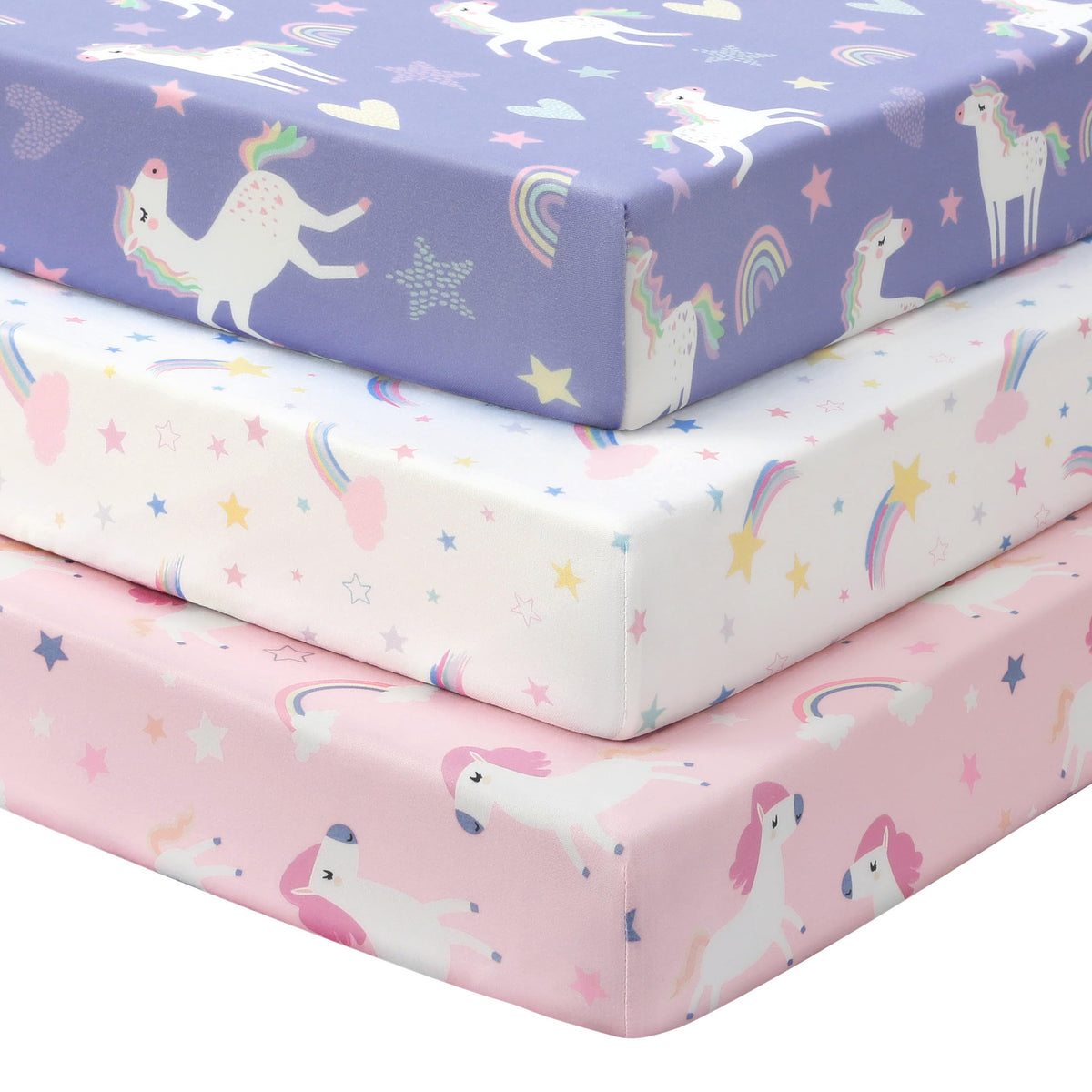 Next to Me Crib Sheets 85x51cm Fitted, 3 Pack Baby Cot Sheets, Ultral Soft & Silky Smooth Microfiber Bedside Crib Fitted Sheets Pink Rainbow