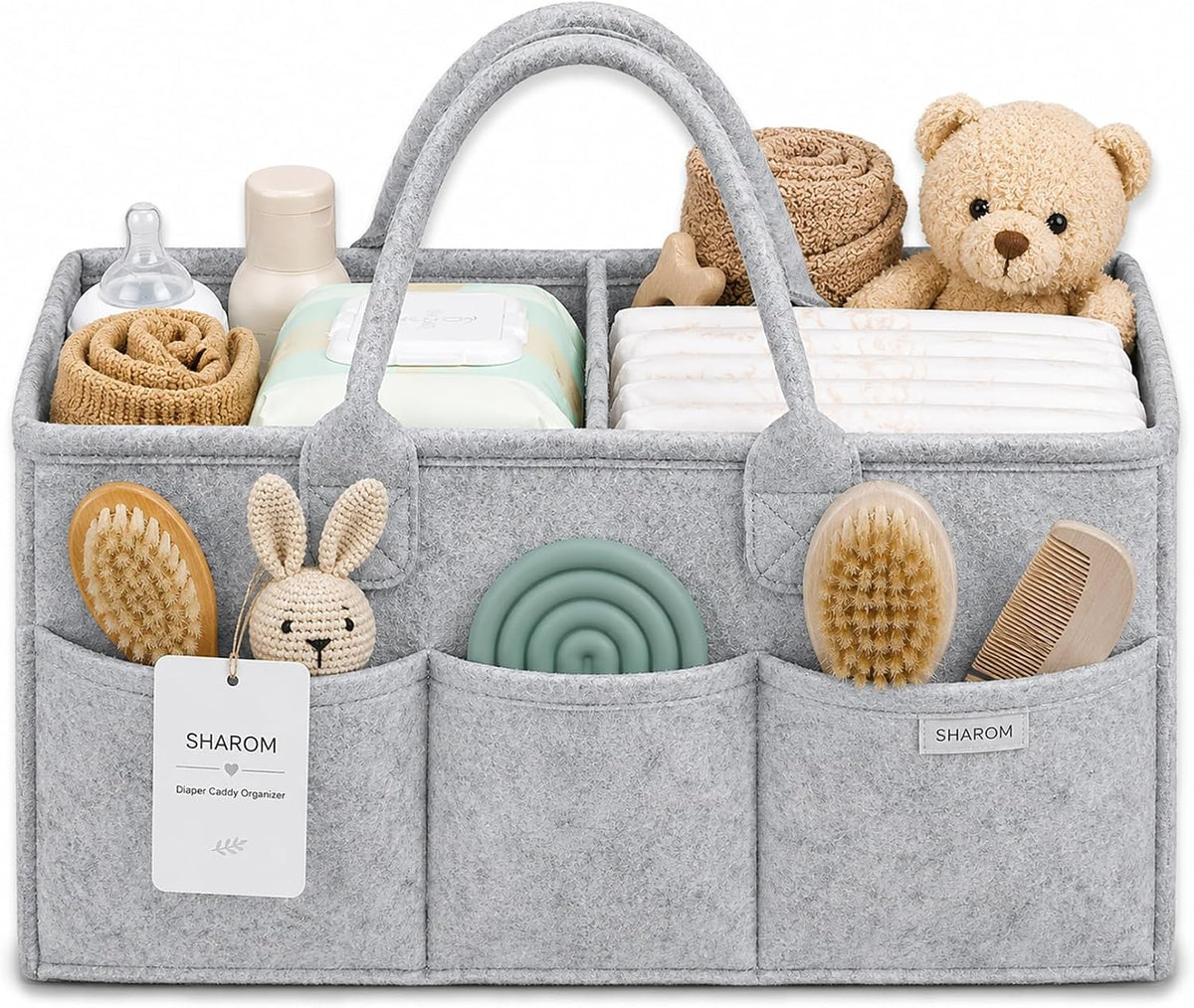 Essential Baby Caddy for Newborns. Spacious, Sturdy & Portable Diaper and Nappy Caddy for Newborn Essentials, Nursery Storage Basket & Organiser for Baby Shower Gifts & Registry Must-Haves Grey
