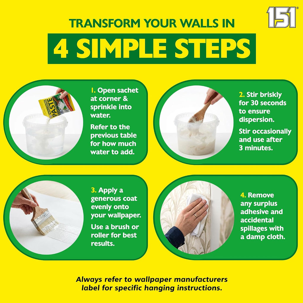 151 All Purpose Wallpaper Paste | Super Strong Wall Paper Adhesive - Ready in 3 Minutes | Suitable for All Types & Weights of Wallpaper | Easy To Use - Hangs Up To 10 Rolls (12 Pints)
