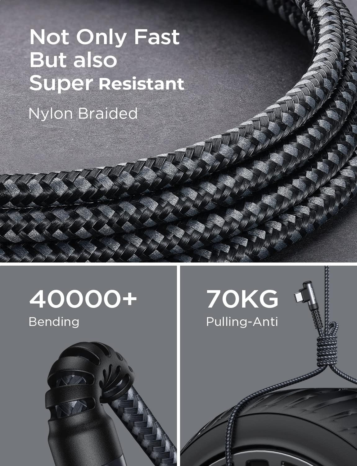 AINOPE 2-Pack 0.5ft USB C Cable, 3.1A Fast Charging, Right Angle, Durable Nylon Braided, Compatible with Galaxy S22 S21 Plus S20, Note 10 9 LG, Type C Charger