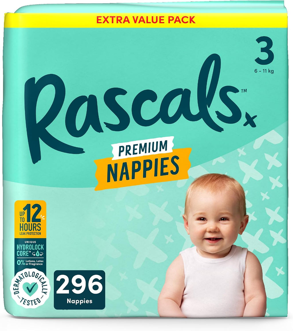 Rascals Premium Nappies Size 3, 296 Count, Feather-Soft