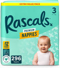 Rascals Premium Nappies Size 3, 296 Count, Feather-Soft
