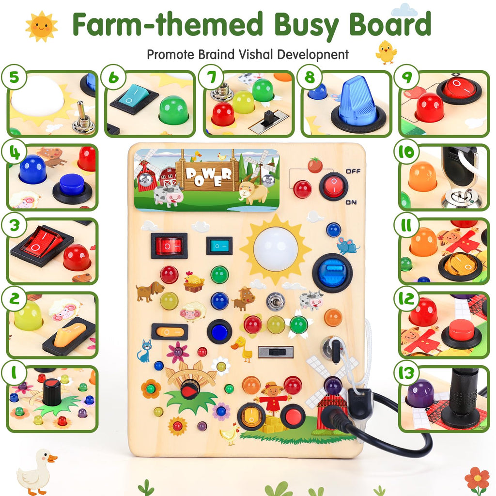 Busy Board with LED Light Switches, Montessori Toys for 1 2 3 Years Old, Toddlers Wooden Toy Sensory Activity Board, Travel Toys for 1+ Year Old Boy & Girl Birthday Gift