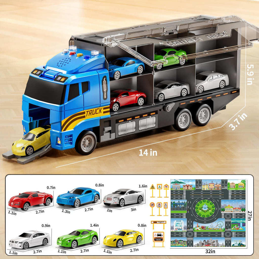NIPLOOOW Kids Boys Construction Truck Vehicle Toy Set with Play Mat and Die-Cast Toy Car, Transport Carrier Truck for Kids 3-5, Birthday Gifts Toys for 3-8 Year Old Boys