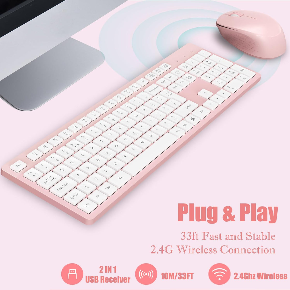 LeadsaiL Wireless Keyboard and Mouse Set, 2.4GHz USB Computer Keyboards and Mouse Combo, Ergonomic Design with 12 Multimedia Shortcuts for HP/Lenovo Laptop and Mac-Pink