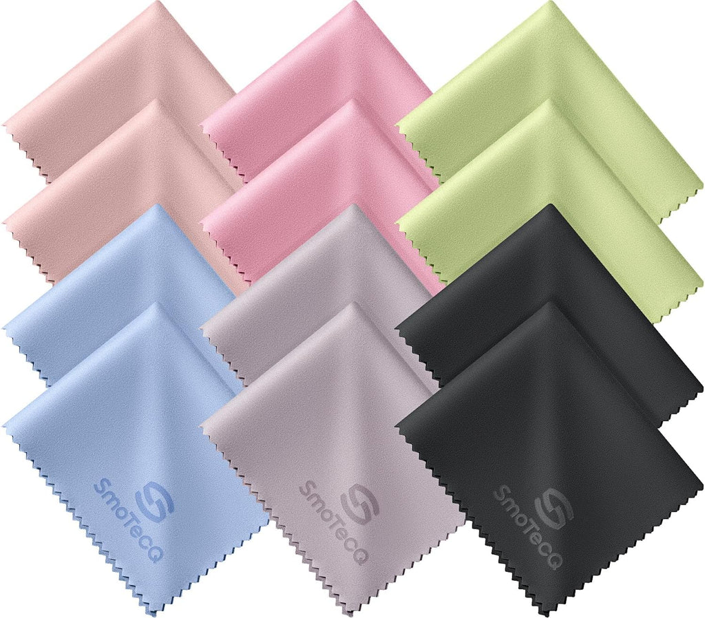 SmoTecQ 12 Pack Microfibre Glasses Cleaning Cloths (15x18cm) - Lint Free Lens Cleaner for Sunglasses, Camera Lenses, Jewelry, Mobiles & Screens - Washable & Reusable (Assorted Colours)
