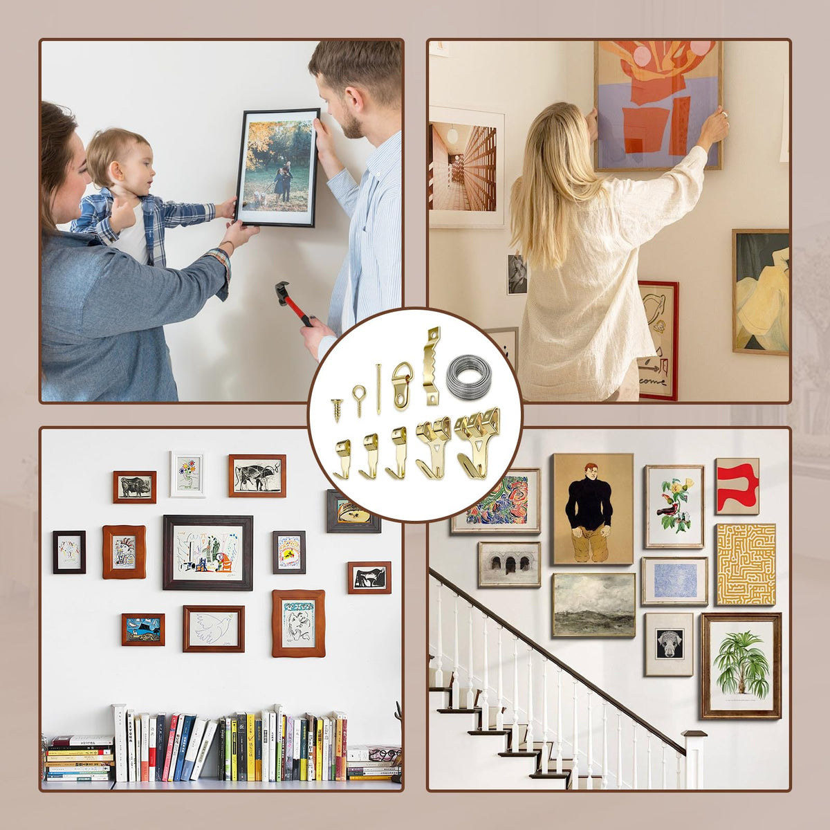 300pcs Picture Hooks Picture Hanging Kit for Picture Frame Fixing Hard Walls Photo Hooks Assorted Picture Hanger Set with Saw Tooth, D-Ring, Nails, Wire,Screws
