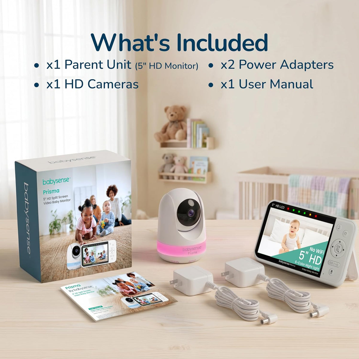 Babysense Prisma Baby Monitor with Camera and Night Vision, 5” HD Video Baby Monitor, 6-Color Night Light, Split Screen, Baby Sound Machine with White Noise & Lullabies, Secure No WiFi