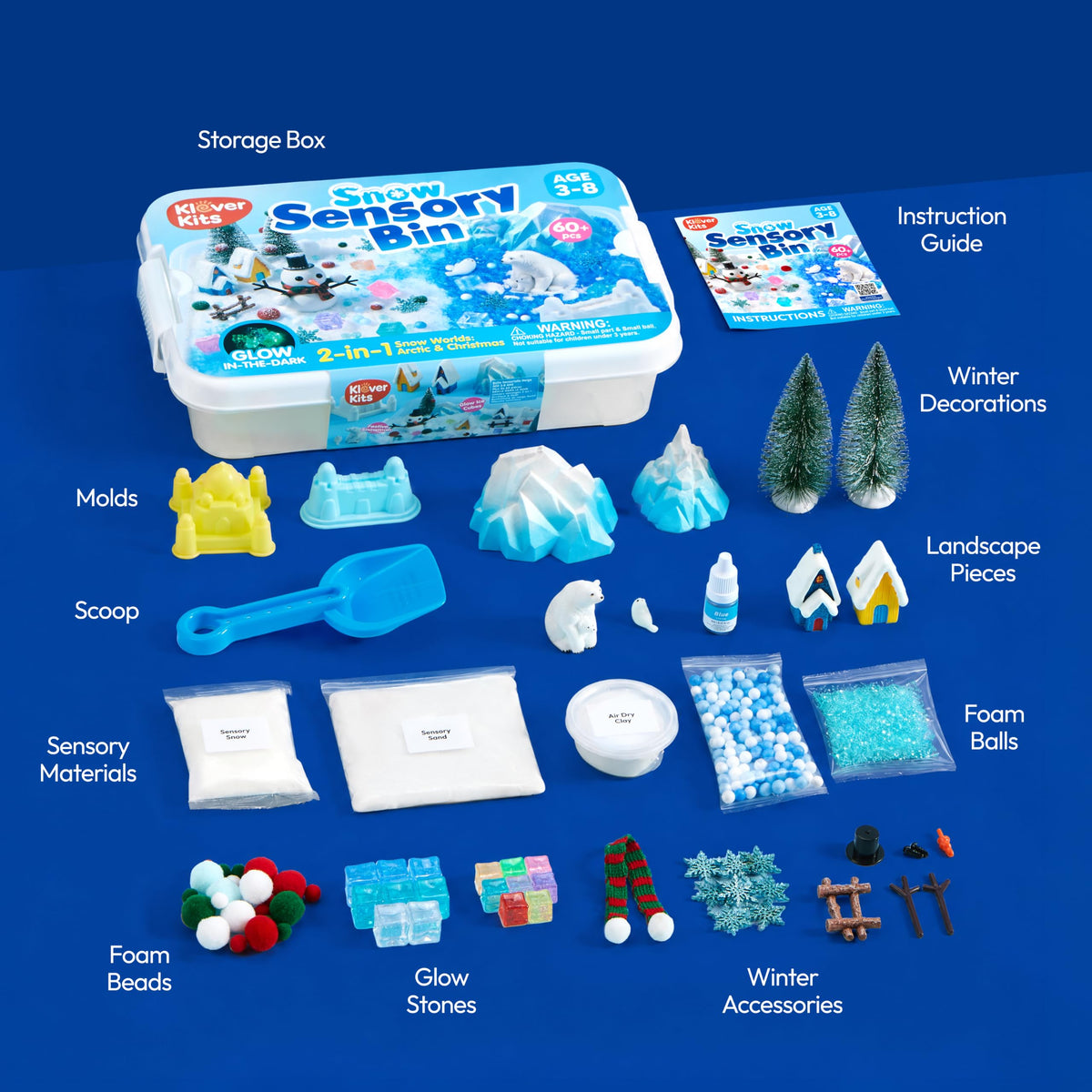 JOVA Klever Kits Construction Sensory Bin for Kids with Glow in The Dark Stones, Sandbox with Lid Castle Building kit, Preschool Learning Activities Gifts for Boys Girls Age 3+