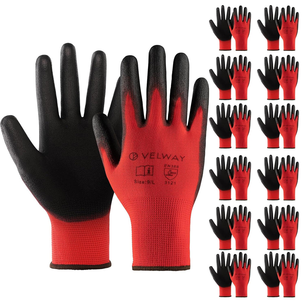 Velway 12 Pairs Work Gloves PU Coated for Men Women, Red, Size 9/L