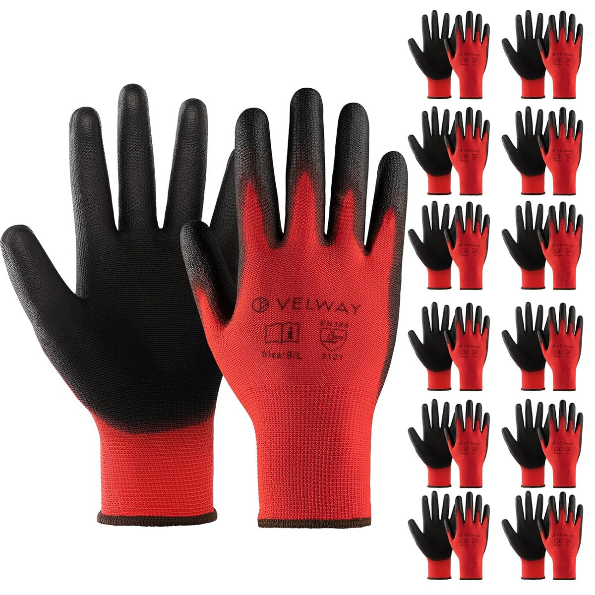 Velway 12 Pairs Work Gloves PU Coated for Men Women, Red, Size 9/L