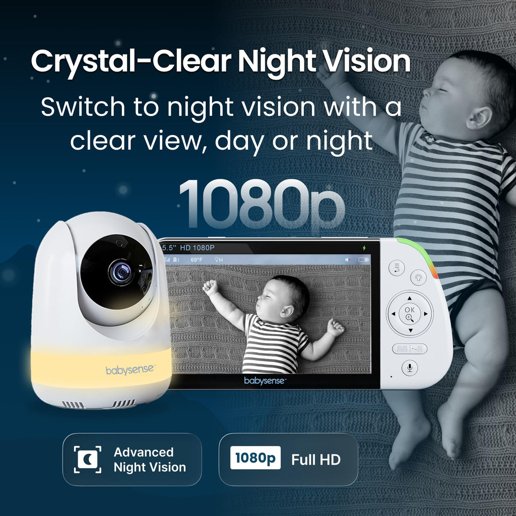 Babysense Prisma Baby Monitor with Camera and Night Vision, 5” HD Video Baby Monitor, 6-Color Night Light, Split Screen, Baby Sound Machine with White Noise & Lullabies, Secure No WiFi
