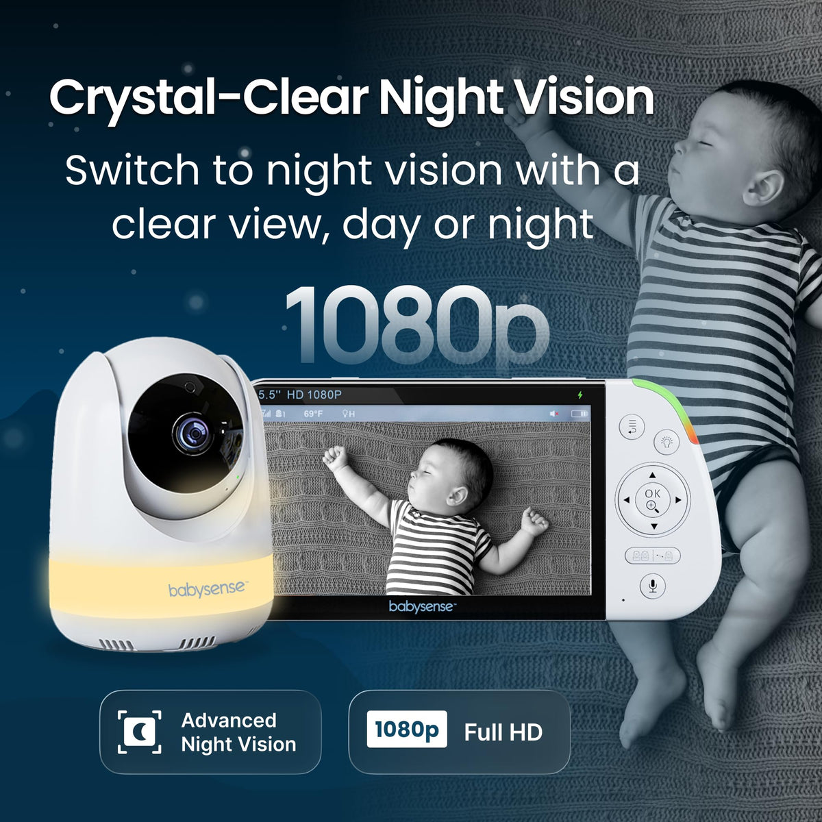 Babysense Prisma Baby Monitor with Camera and Night Vision, 5” HD Video Baby Monitor, 6-Color Night Light, Split Screen, Baby Sound Machine with White Noise & Lullabies, Secure No WiFi