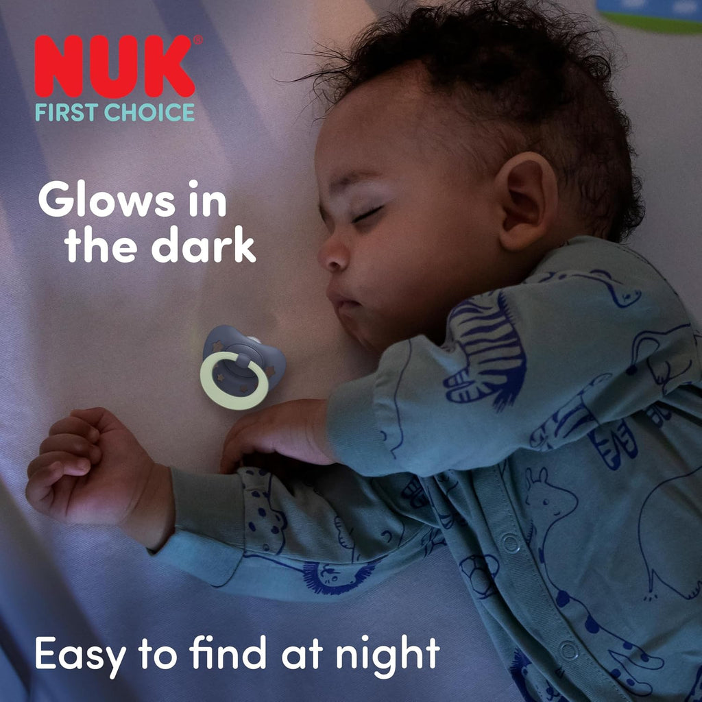 NUK First Choice Classic Night Baby Dummies | 0-6 Months | Orthodontic Soothers that Glow in the Dark | 95% Baby Acceptance** | Blue | 2 Count