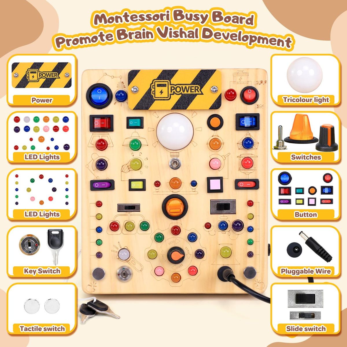 Busy Board with LED Light Switches, Montessori Toys for 1 2 3 Years Old, Toddlers Wooden Toy Sensory Activity Board, Travel Toys for 1+ Year Old Boy & Girl Birthday Gift