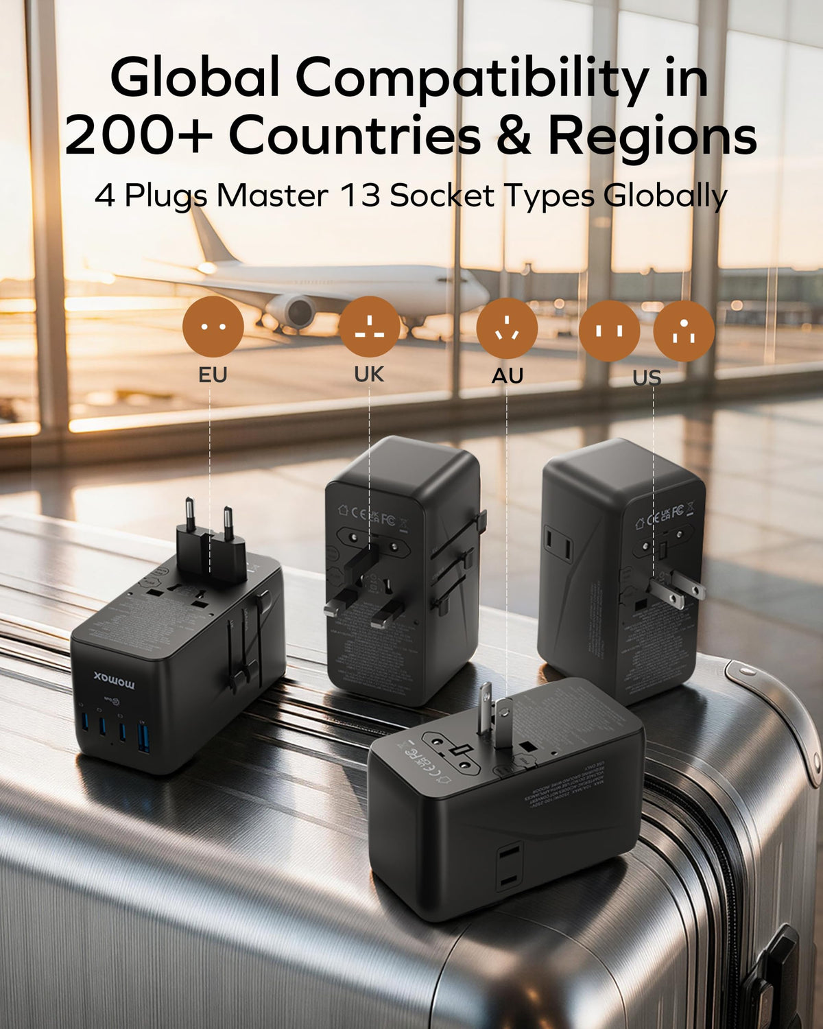 MOMAX Universal Travel Adapter 70W GaN, Travel Plug Adapter for UK/EU/AU/US
