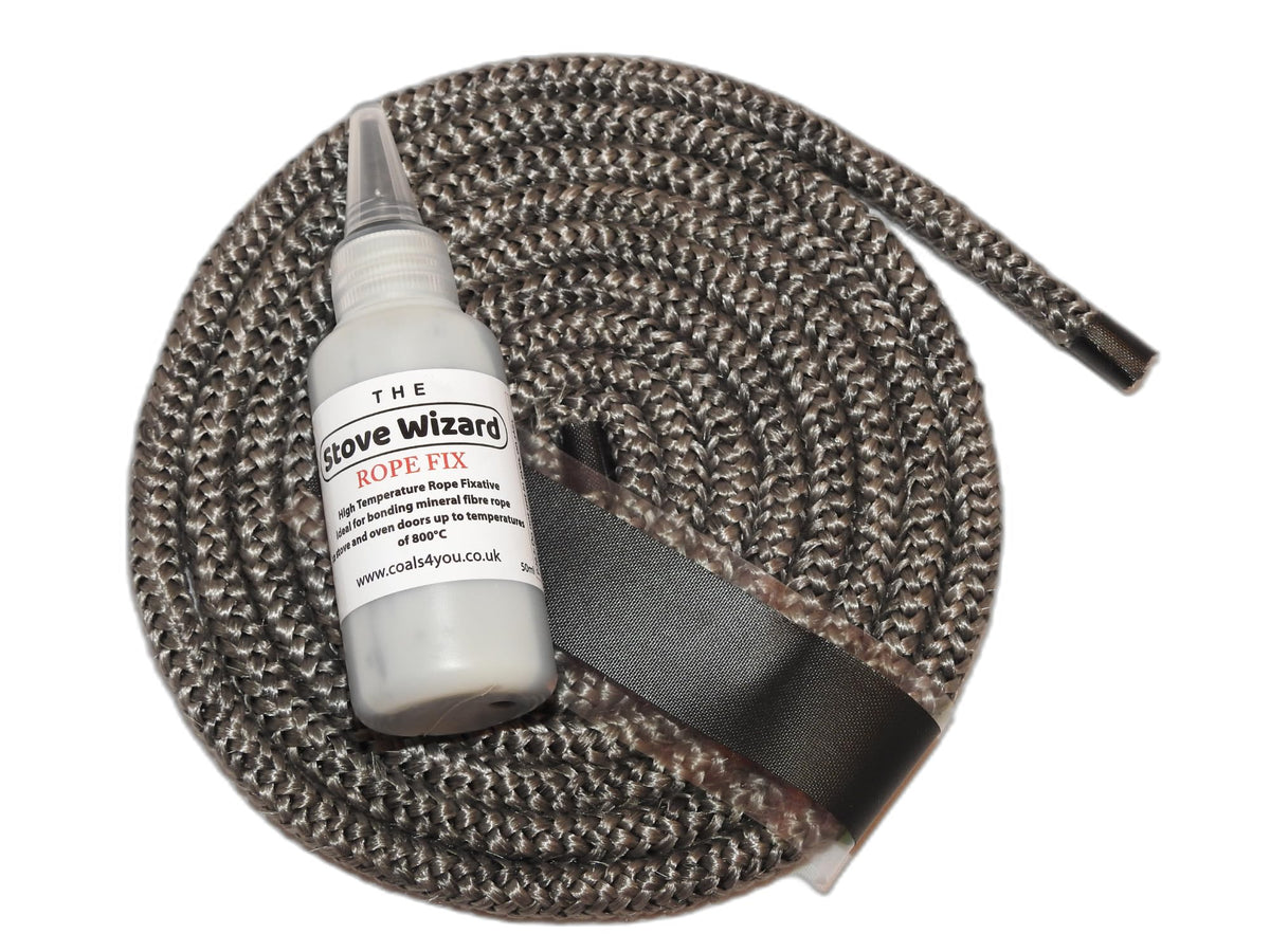 Stove Rope Kit 10mm x 2.5m Black 50ml Glue 100mm Tape