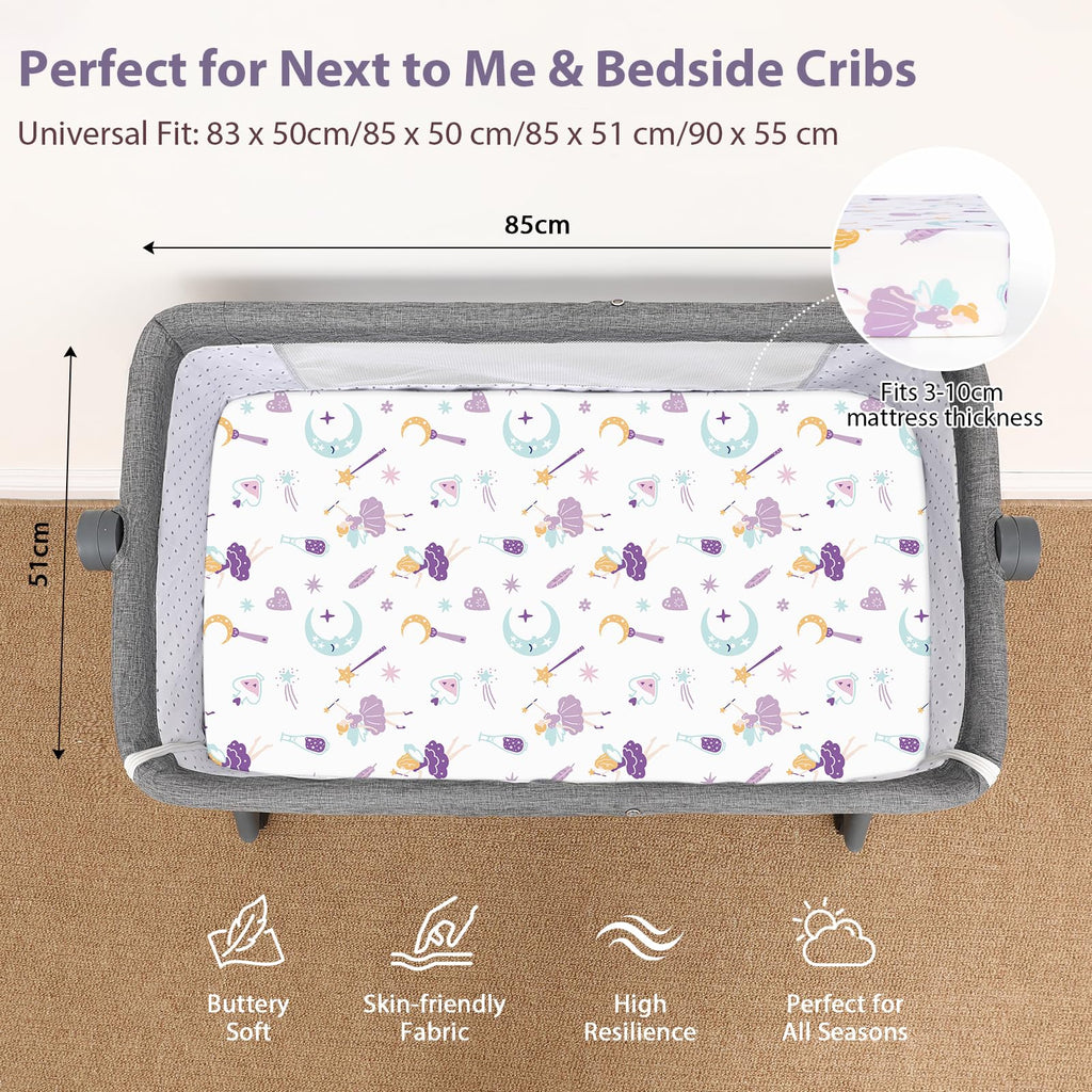 Next to Me Crib Sheets 85x51cm Fitted, 3 Pack Baby Cot Sheets, Ultral Soft & Silky Smooth Microfiber Bedside Crib Fitted Sheets Pink Rainbow