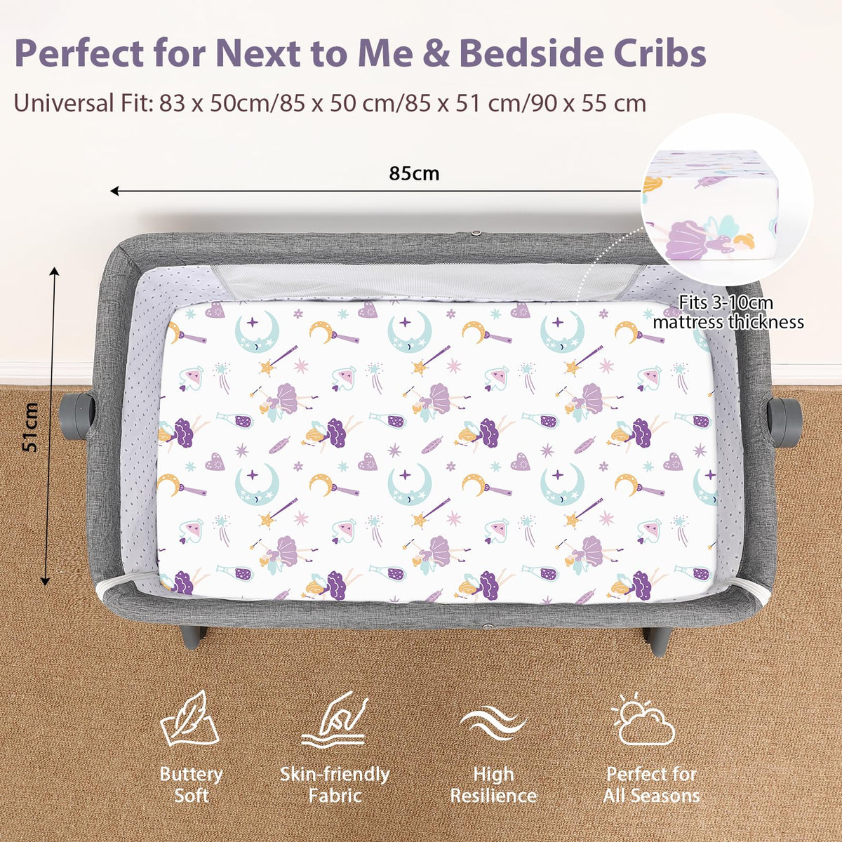 Next to Me Crib Sheets 85x51cm Fitted, 3 Pack Baby Cot Sheets, Ultral Soft & Silky Smooth Microfiber Bedside Crib Fitted Sheets Pink Rainbow