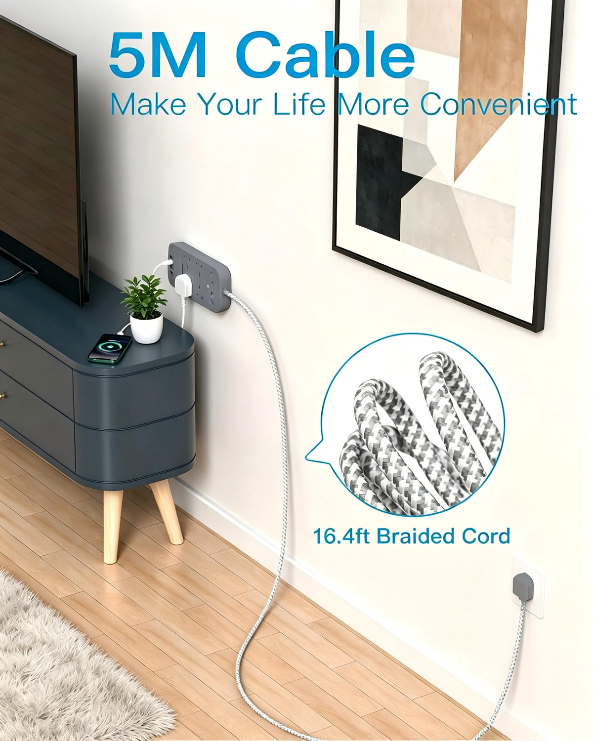 Extension Lead 5M, 4 Way Surge Protected Power Strip with USB C Slots