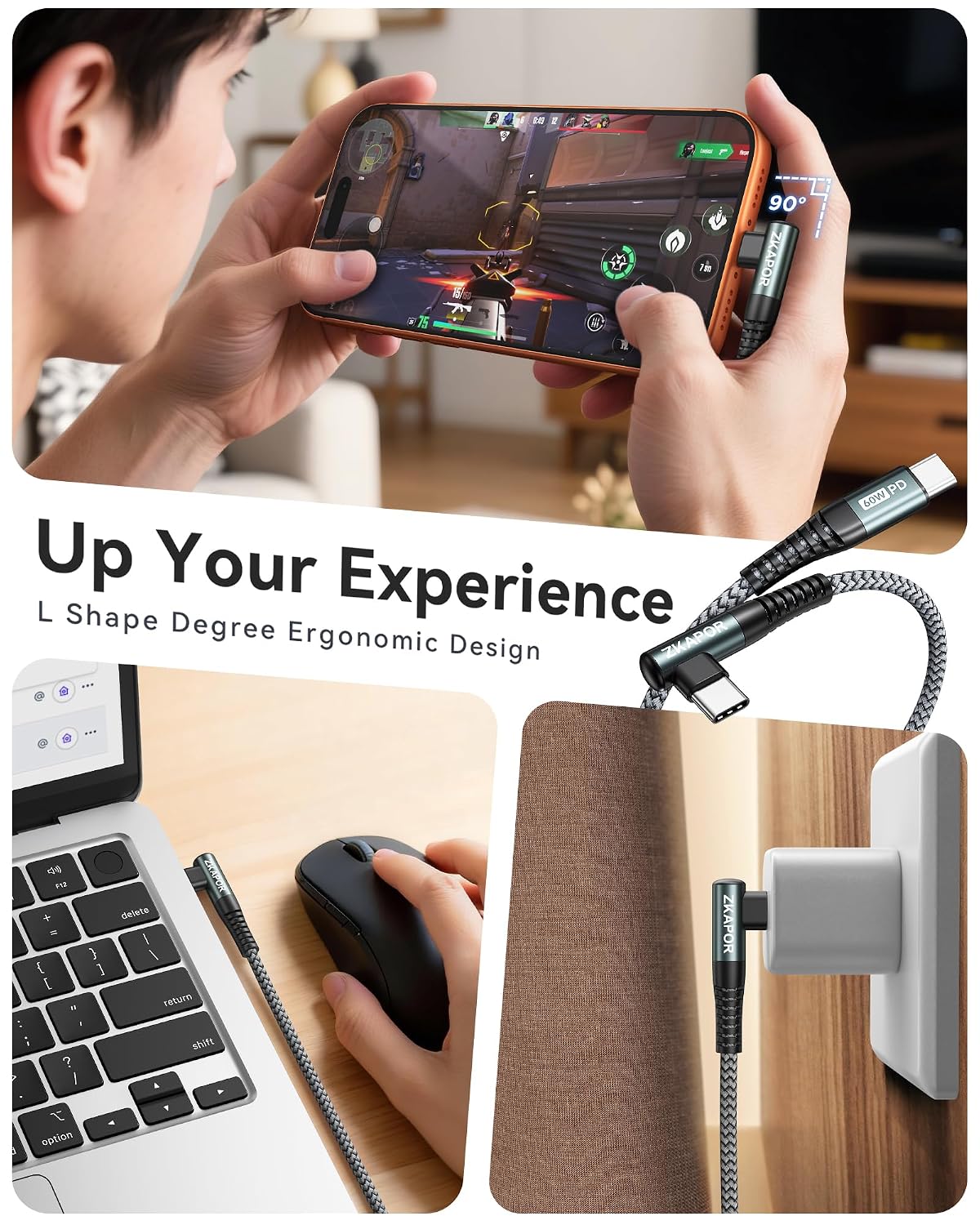ZKAPOR USB C to USB C Cable 2Pack 3M, 60W Fast Type C Cable Right Angle