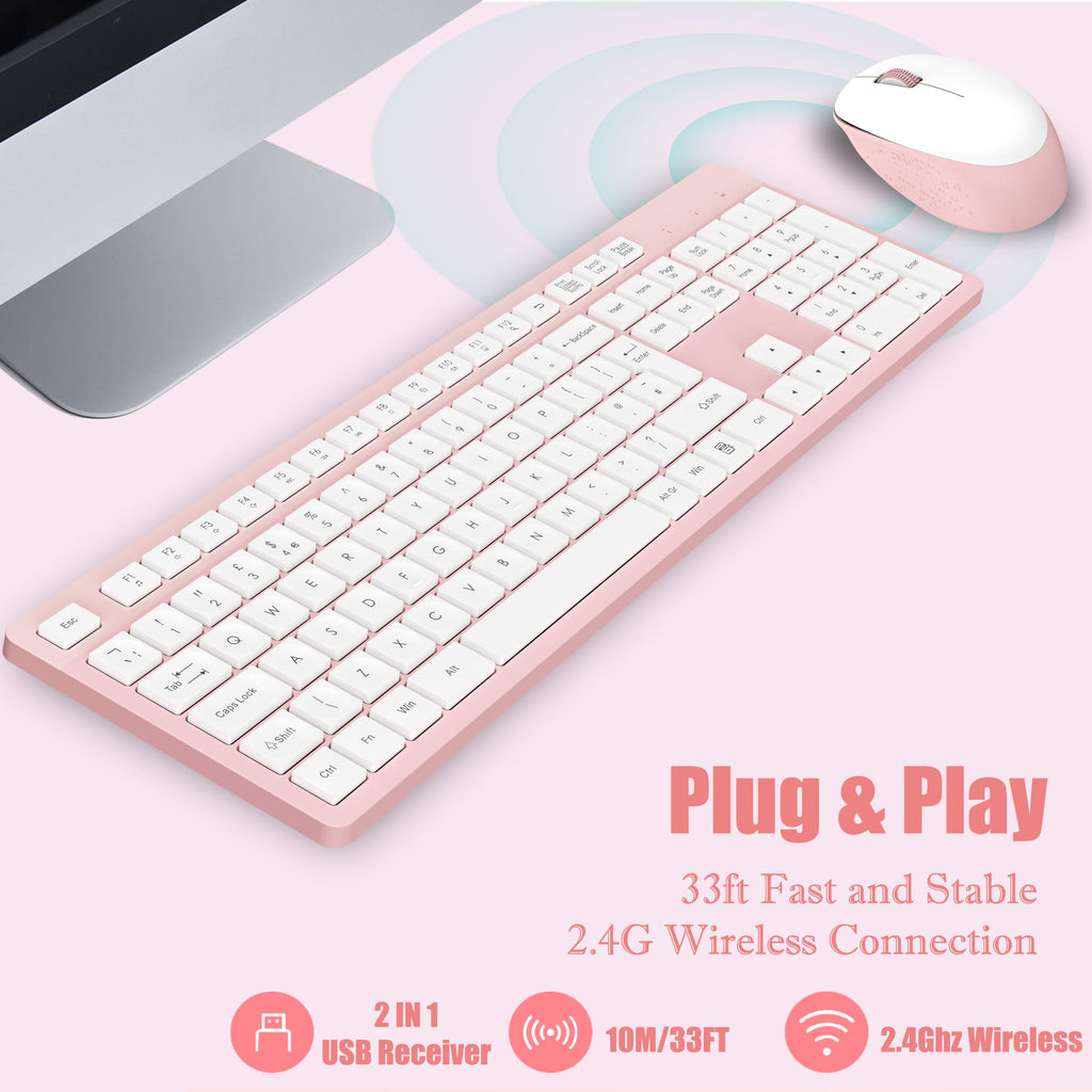 LeadsaiL Wireless Keyboard and Mouse Set, 2.4GHz USB Computer Keyboards and Mouse Combo, Ergonomic Design with 12 Multimedia Shortcuts for HP/Lenovo Laptop and Mac-Pink