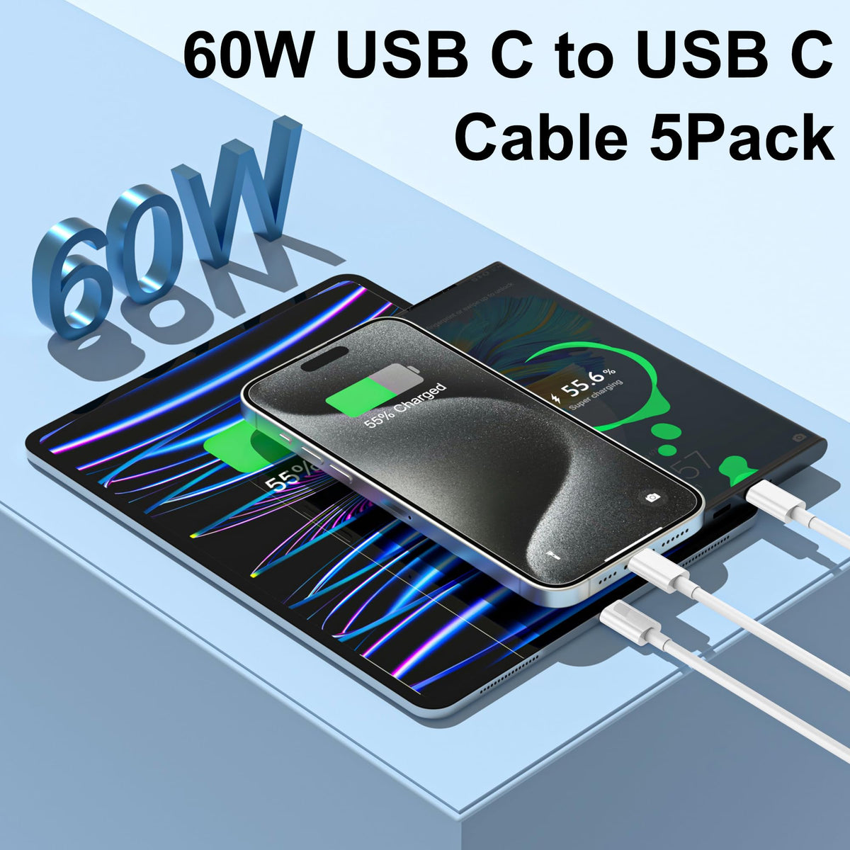 USB C to USB C Charger Cable for iPhone 15/16/17 Fast Charging, 60W Type C Charging Fast Charging Cable for iPhone17/16/15 Pro Max, iPad Pro/Air/Mini, Samsung, Pixel (White, 1M, 2PCS)