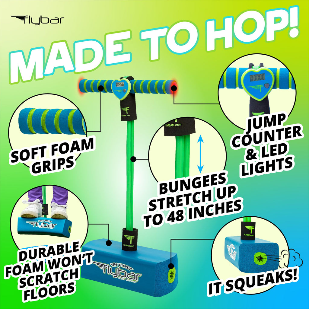 Flybar My First Foam Pogo Jumper for Kids Fun and Safe Pogo Stick, Durable Foam and Bungee Jumper for Ages 3 and up Toddler Toys, Supports up to 250lbs (Blue)