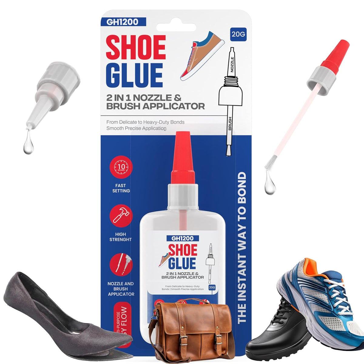 GH1200 (2-IN-1) Shoe Glue Sole Repair Waterproof with Brush Applicator and Nozzle - Clear Drying & Strong Shoe Repair Superglue for shoes - Non-Stiff Repairs, Fixes Sneakers, High Heels, Crocs & More