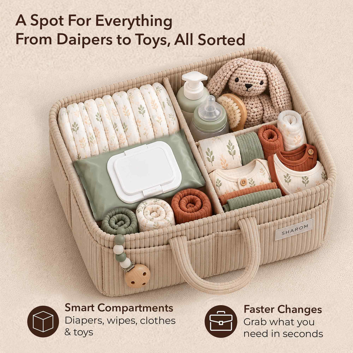 Essential Baby Caddy for Newborns. Spacious, Sturdy & Portable Diaper and Nappy Caddy for Newborn Essentials, Nursery Storage Basket & Organiser for Baby Shower Gifts & Registry Must-Haves Grey