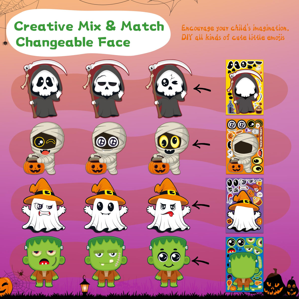 48 Sheets Pumpkin Face Stickers Kids Halloween Party Favors Crafts