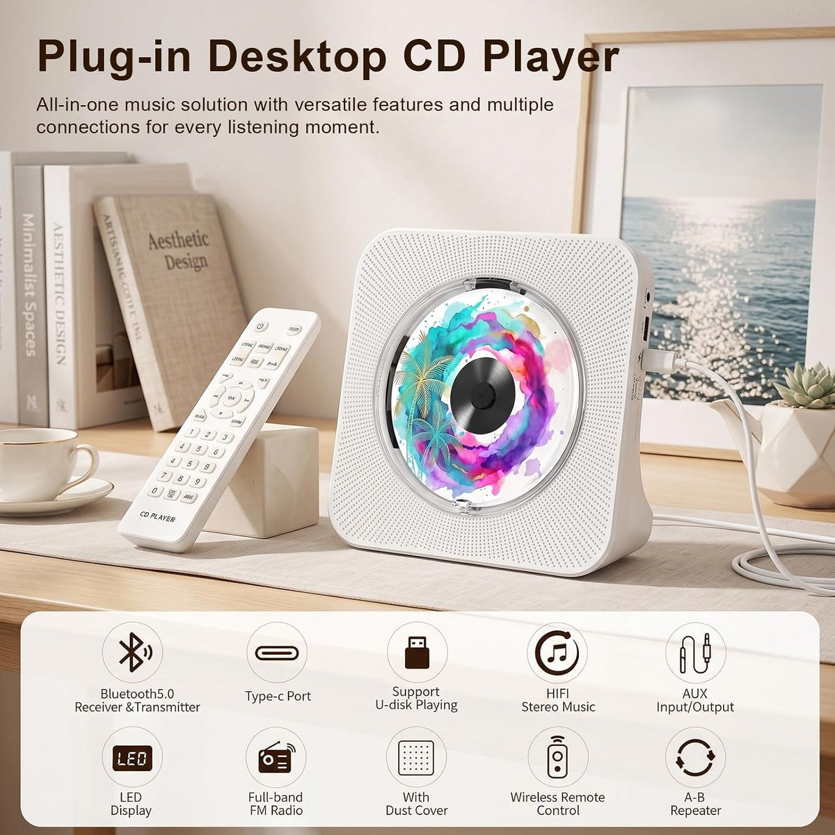 Portable CD Player with Bluetooth, Gueray Desktop CD Players for Home, Bulit-in Double HiFi Speakers, AUX&Headphone Jack, FM Radio Boombox with Remote Control, USB Port,LCD Display (White)