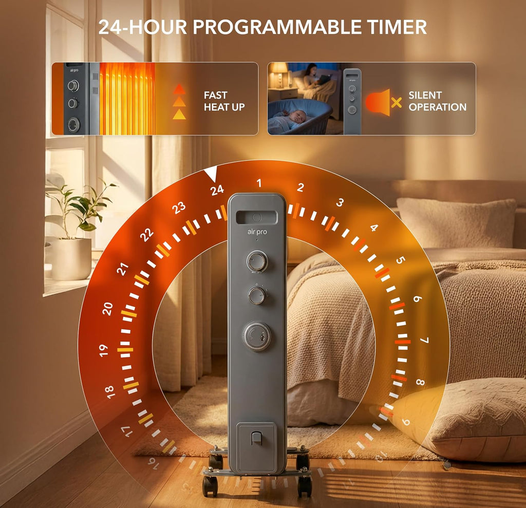 Air Pro Oil Filled Radiator 2500W with Thermostat & 24h Timer – 11 Fin Portable Electric Heater 3 Heat Settings, Overheat & Tip-Over Protection, Quiet for Home, Office and Any Room Radiator on Wheels