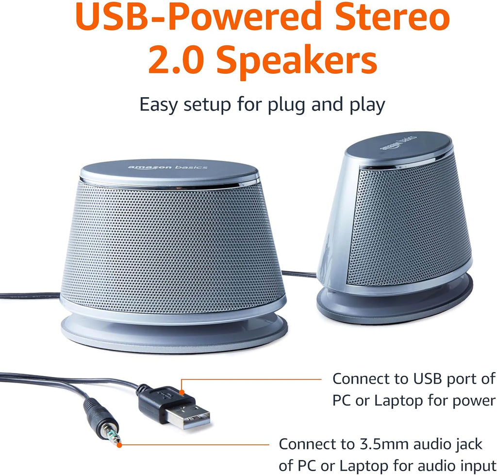 Amazon Basics PC Speakers for Desktop or Laptop, 3.5mm Aux, USB-Powered, Silver