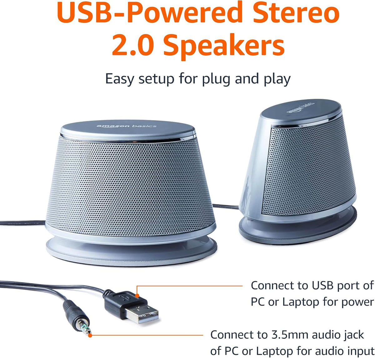 Amazon Basics PC Speakers for Desktop or Laptop, 3.5mm Aux, USB-Powered, Silver